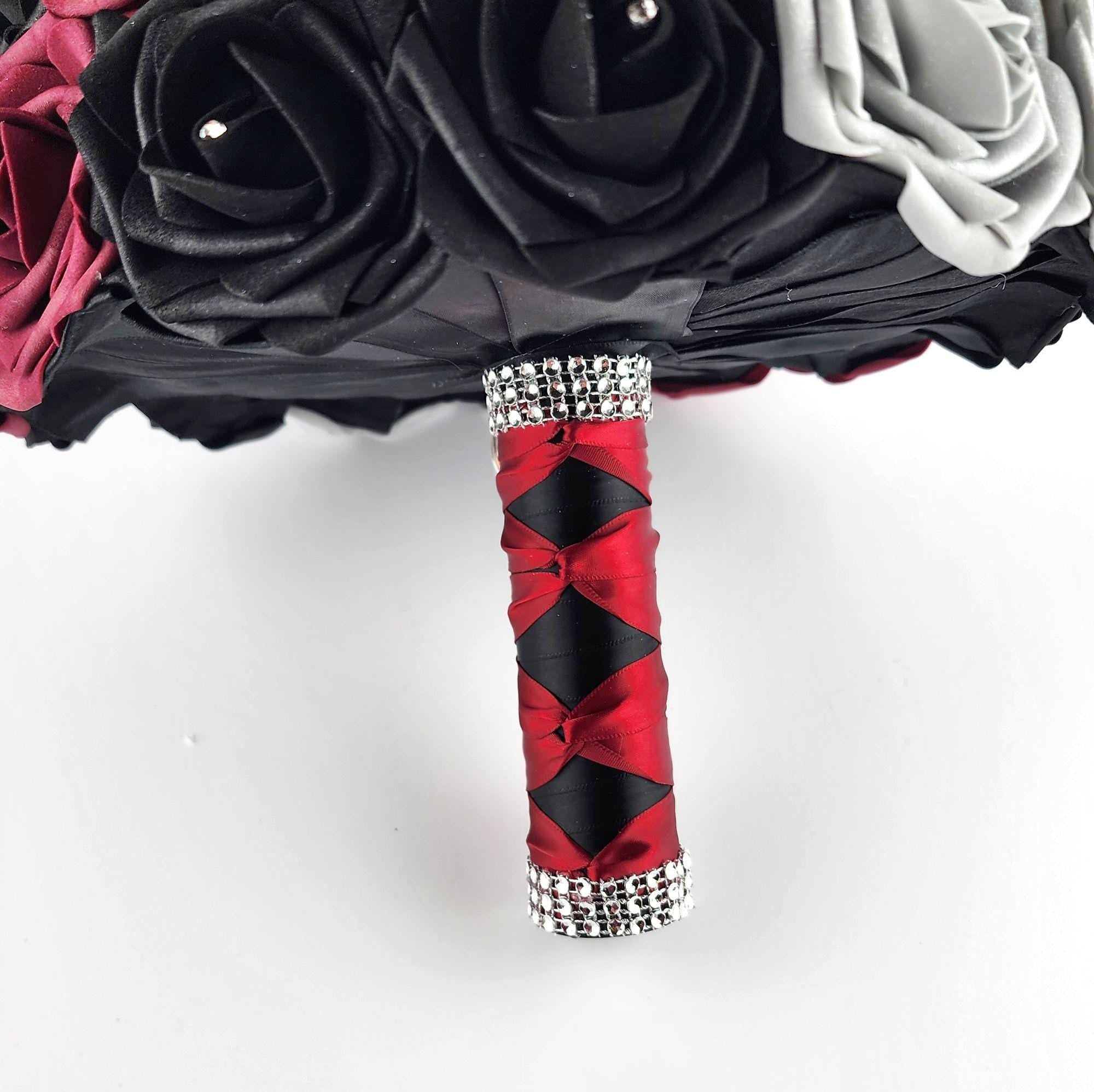 Fairy Lite Wedding Bouquet in Burgundy, Black, and Silver Real Touch Roses