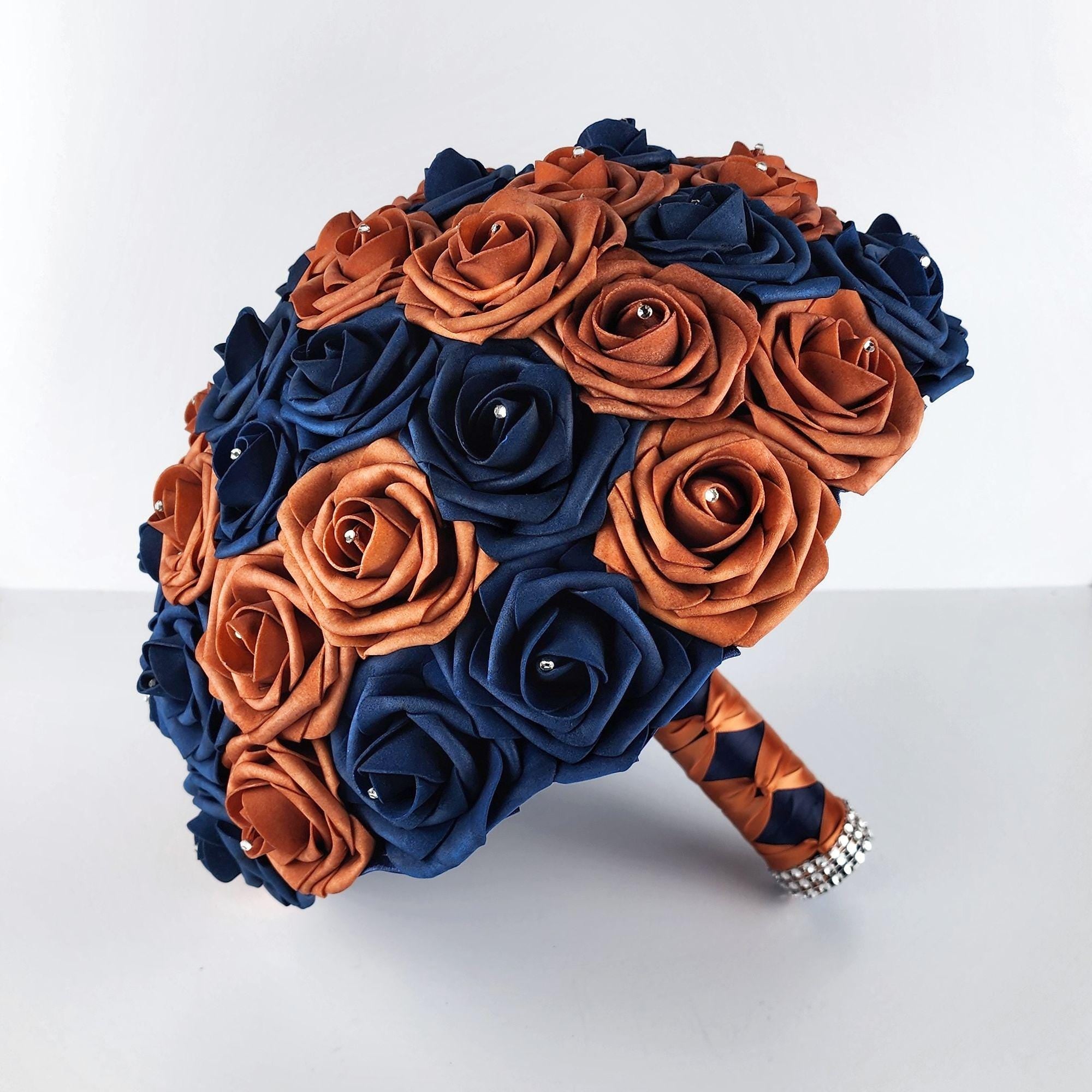 Burnt Orange and Navy Blue Bridal Bouquet Made with Real Touch Roses