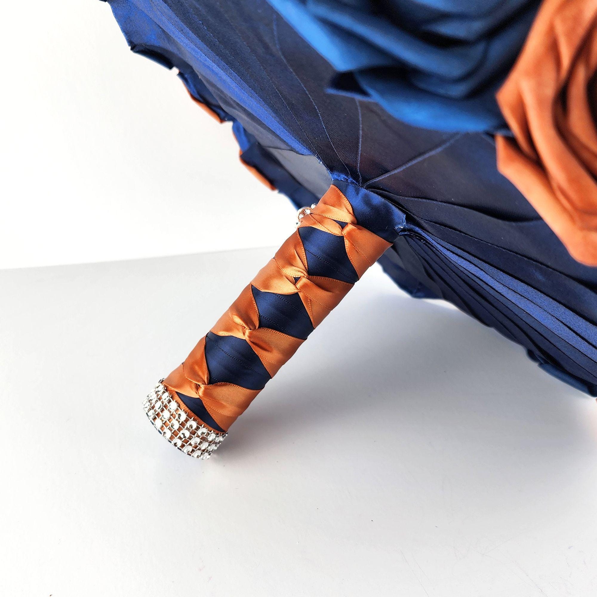Burnt Orange and Navy Blue Bridal Bouquet Made with Real Touch Roses