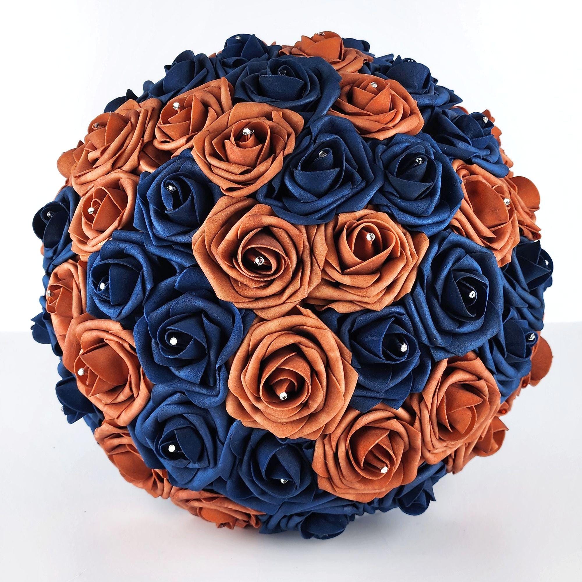 Burnt Orange and Navy Blue Bridal Bouquet Made with Real Touch Roses