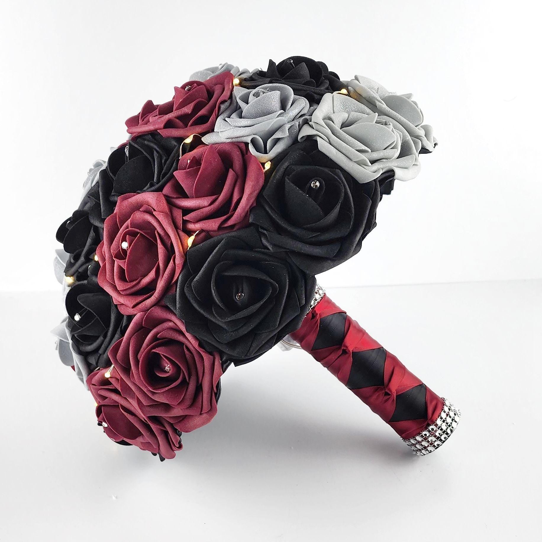 Fairy Lite Wedding Bouquet in Burgundy, Black, and Silver Real Touch Roses