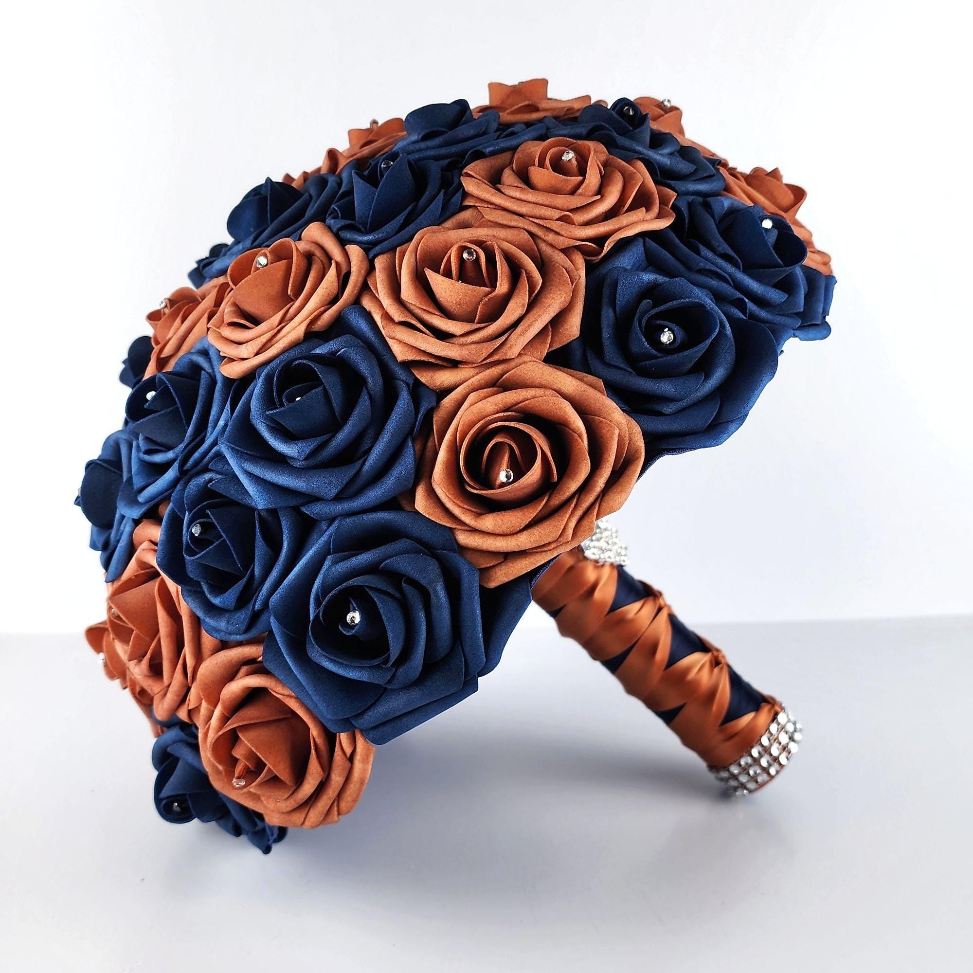Burnt Orange and Navy Blue Bridal Bouquet Made with Real Touch Roses