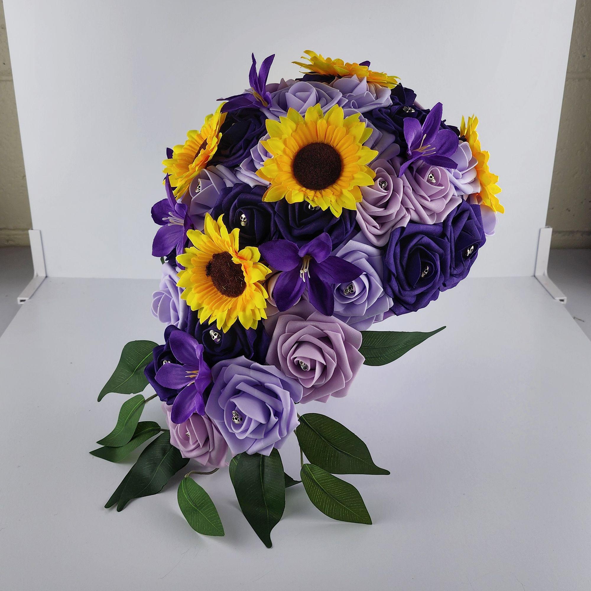 Gothic Skull Cascading Wedding Bouquet With Lilac, Lavender, and Dark Purple Roses, Lilies and Sunflowers.