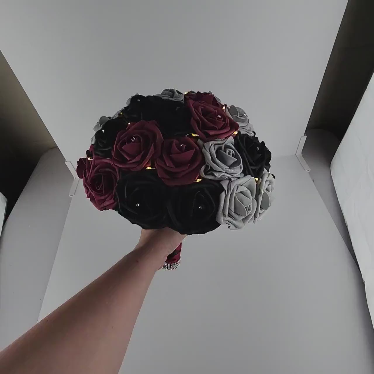 Fairy Lite Wedding Bouquet in Burgundy, Black, and Silver Real Touch Roses