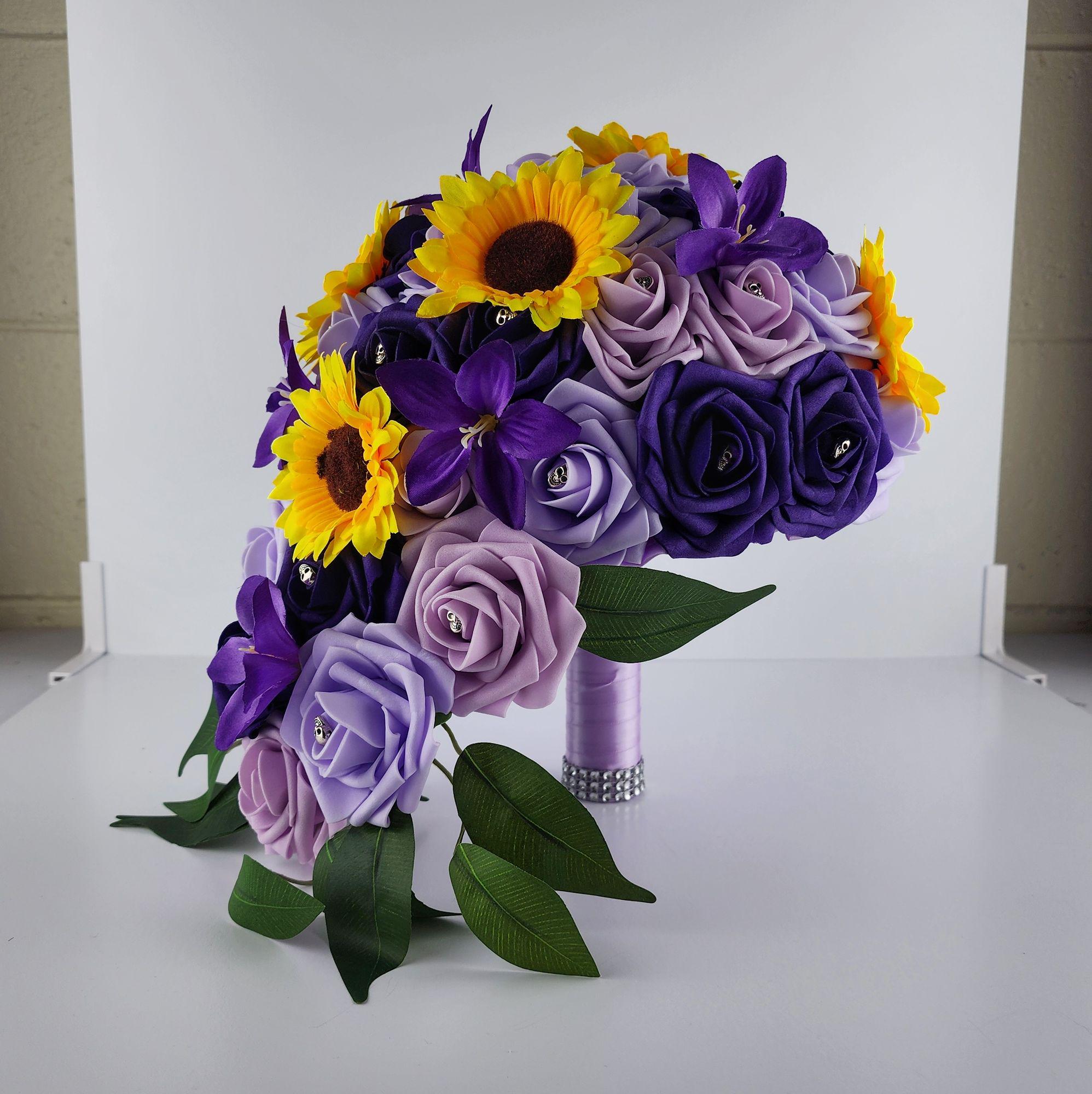 Gothic Skull Cascading Wedding Bouquet With Lilac, Lavender, and Dark Purple Roses, Lilies and Sunflowers.