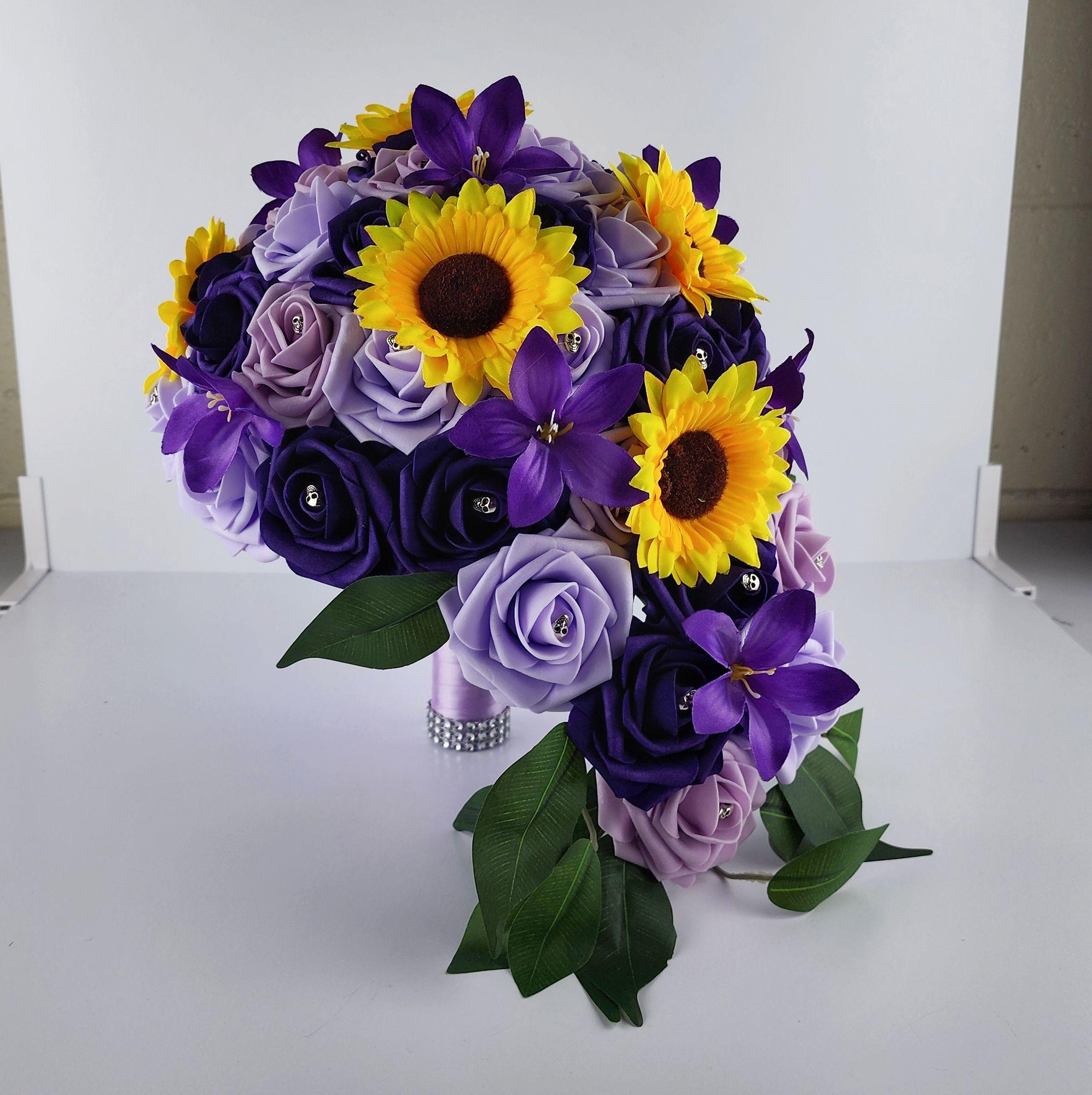 Gothic Skull Cascading Wedding Bouquet With Lilac, Lavender, and Dark Purple Roses, Lilies and Sunflowers.