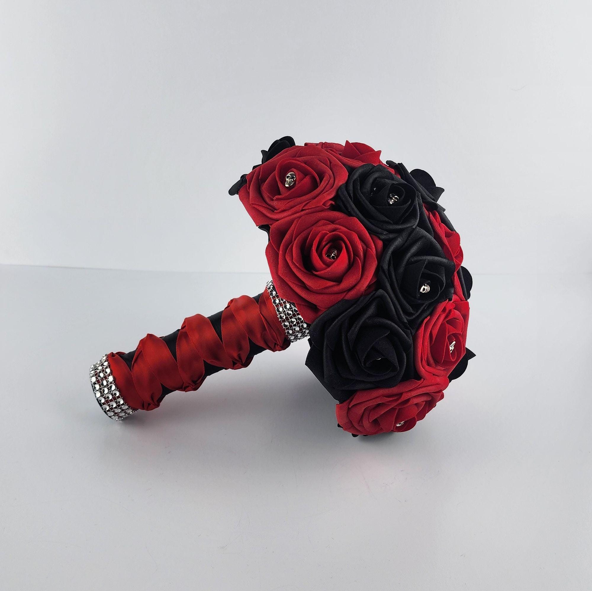 Gothic Skull Red and Black Weddng Bouquet, Bridal Bouquet, Bridesmaid Bouquet, Matching Corsages and Boutonnieres, Halloween Wedding