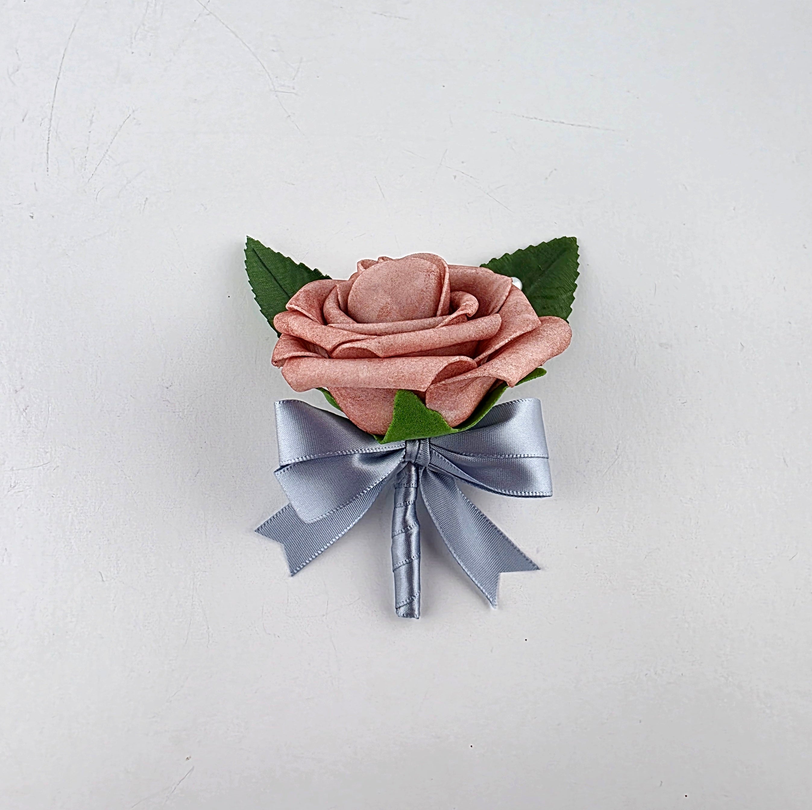 Dusty Rose Boutonniere – Real Touch Rose with Dusty Blue Ribbon