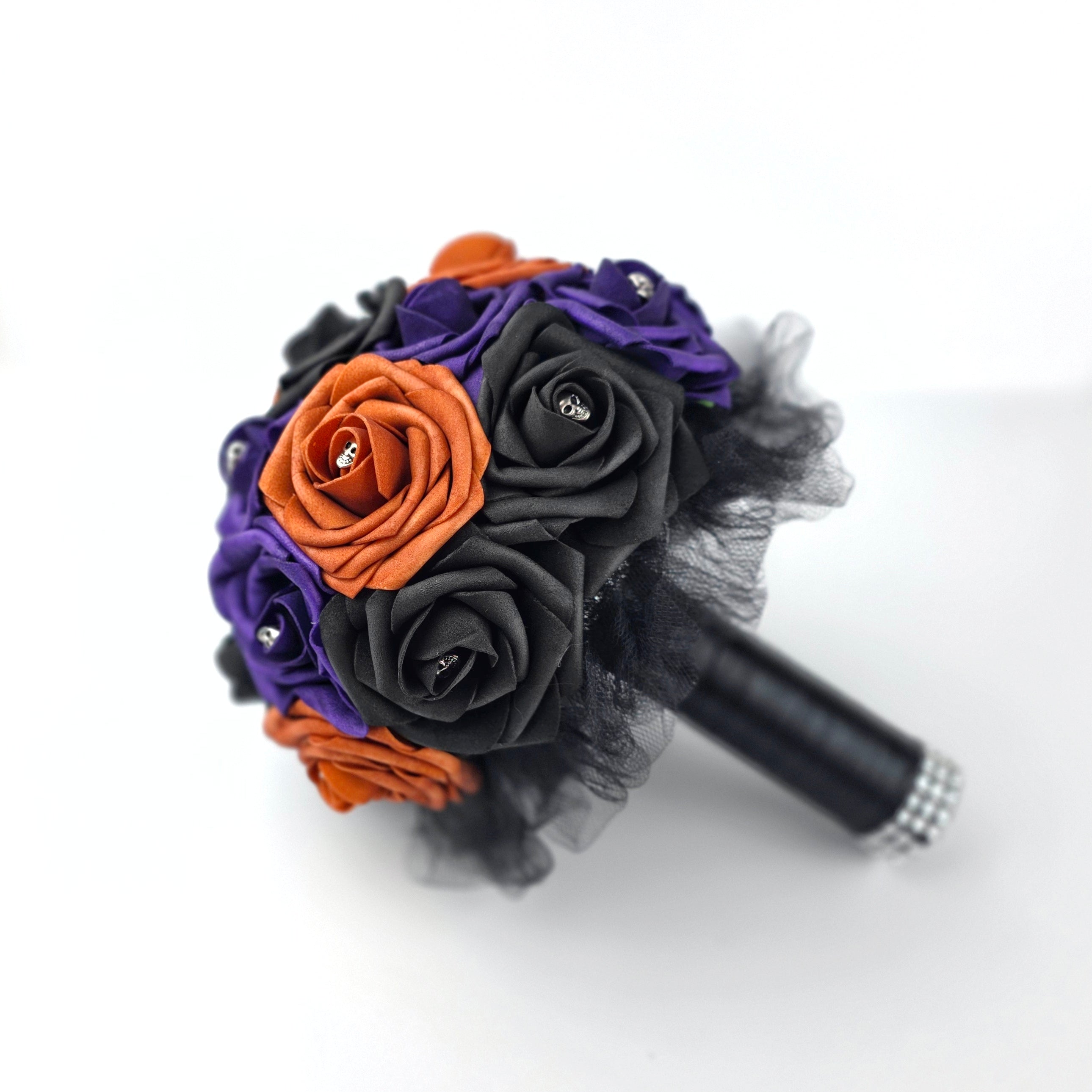 Burnt Orange, Black, and Purple Gothic Skull Wedding Bouquet