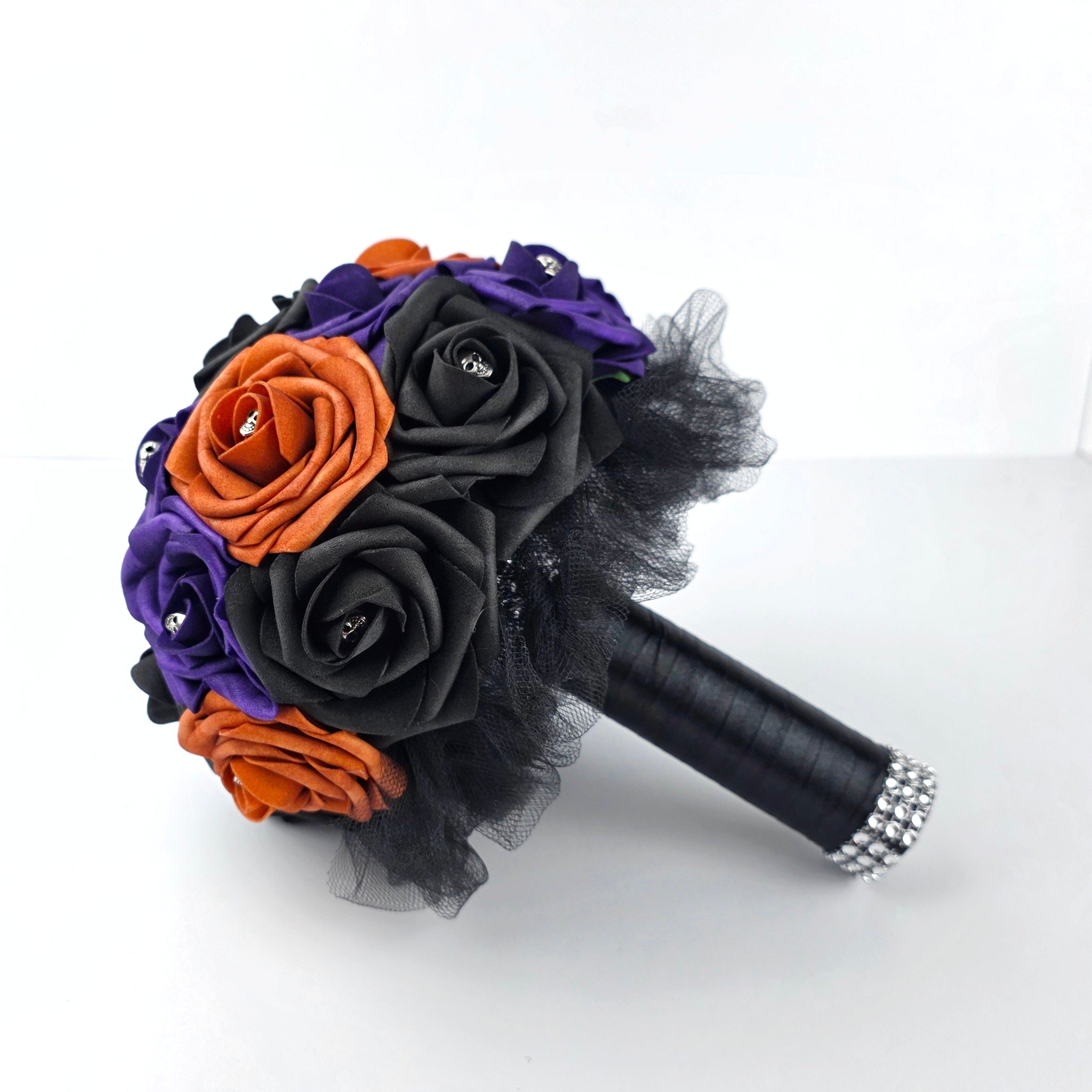 Burnt Orange, Black, and Purple Gothic Skull Wedding Bouquet