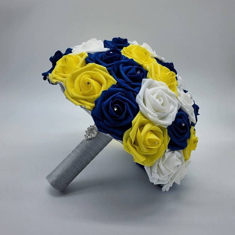 Royal Blue, Yellow, & White Wedding Bouquet Made w/Real Touch Roses, Bridal Bouquet, Bridesmaid Bouquet/ Matching Boutonnieres and Corsages