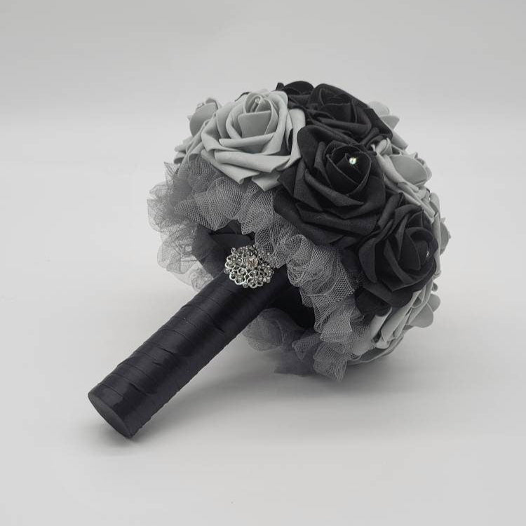 Black And Gray Wedding Bouquet Made With Real Touch Roses, Bridal Bouquet, Bridesmaid Bouquet and Matching Boutonnieres and Corsages