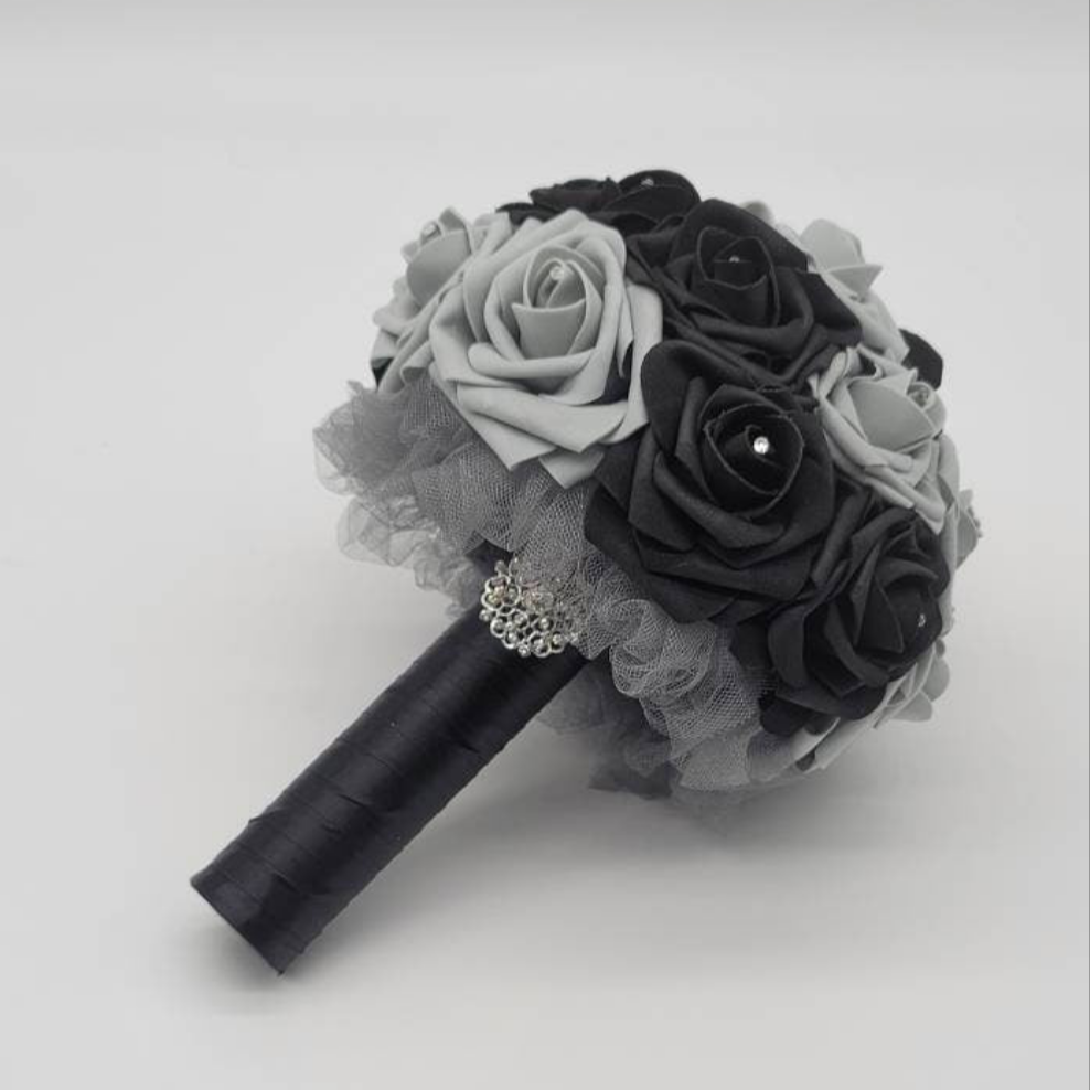 Black and Gray Wedding Bouquet- Moody Real Touch Florals for Unique Brides (8 inch)