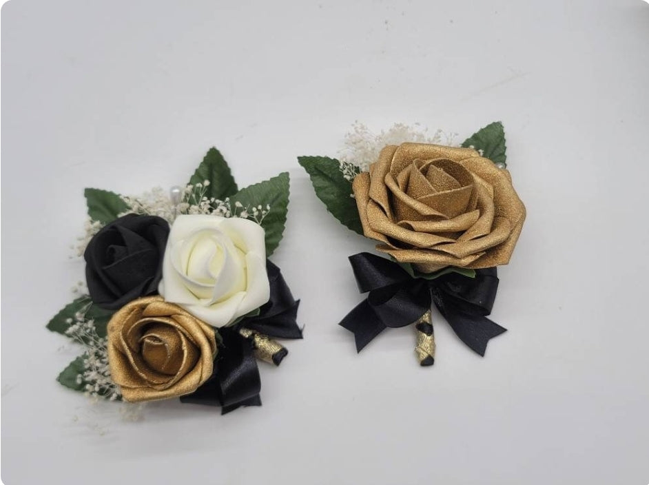 Black and Gold Boutonniere and Corsage