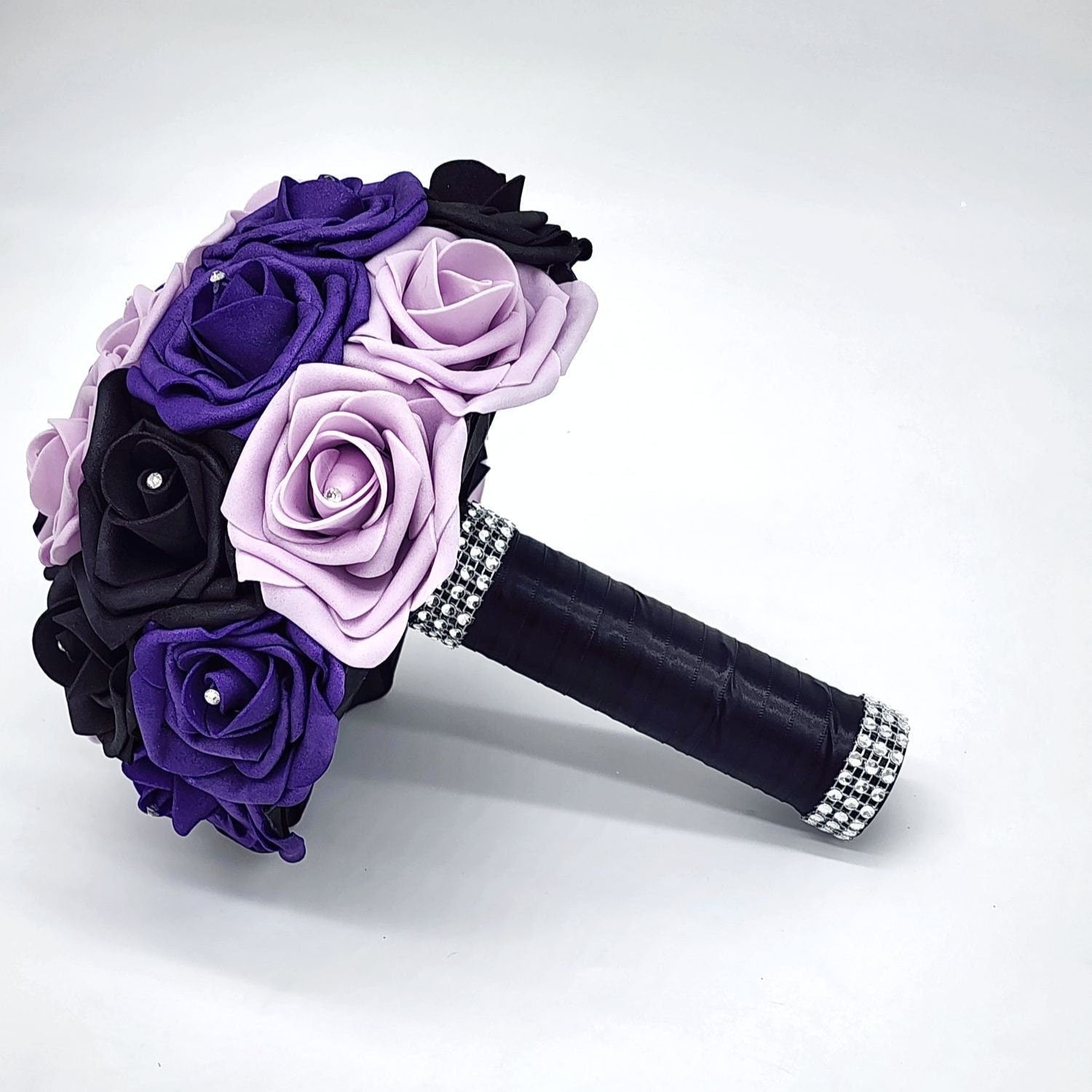 Modern Purple, lilac, and Black Bridal Bouquet with Matching Boutonnieres and Corsages