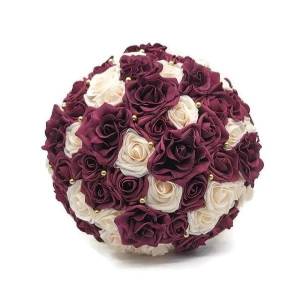 Burgundy and Cream Bridal Bouquet with Gold Accents