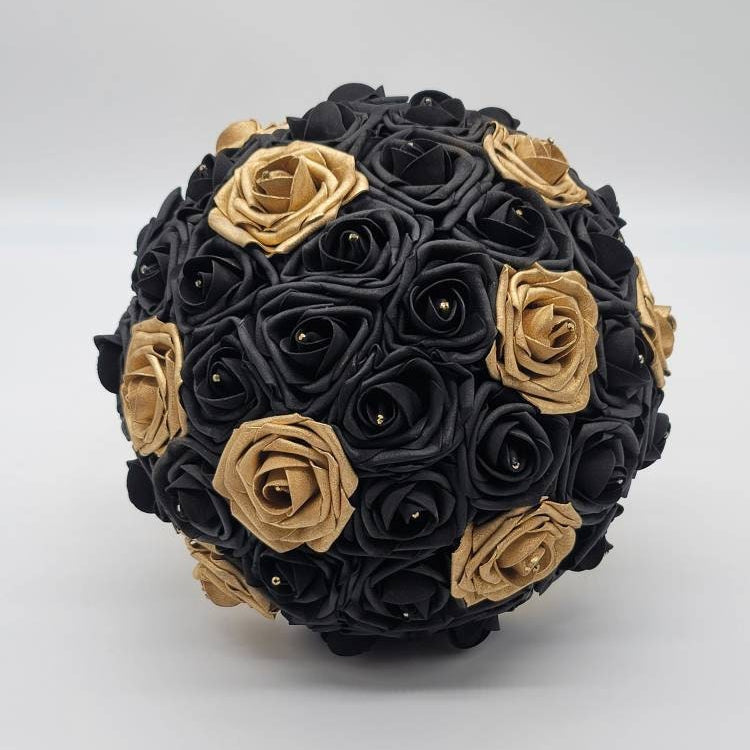 Black and Gold Wedding Bouquet Made With Real Touch Roses, Bridal Bouquet, Bridesmaid Bouquet and Matching Boutonnieres and Corsages