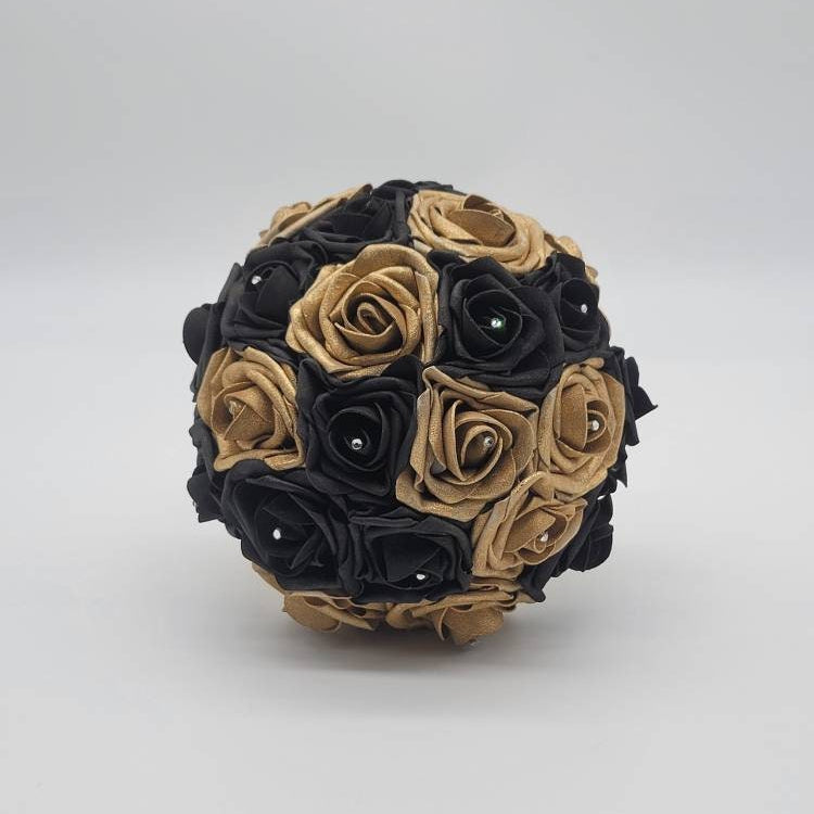 Black and Gold Wedding Bouquet Made With Real Touch Roses, Bridal Bouquet, Bridesmaid Bouquet and Matching Boutonnieres and Corsages