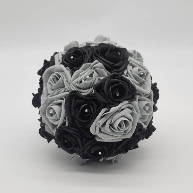Black And Gray Wedding Bouquet Made With Real Touch Roses, Bridal Bouquet, Bridesmaid Bouquet and Matching Boutonnieres and Corsages