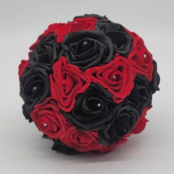 Red And Black Wedding Bouquet Made With Real Touch Roses, Bridal Bouquet, Bridesmaid Bouquet and Matching Boutonniere and Corsages Available