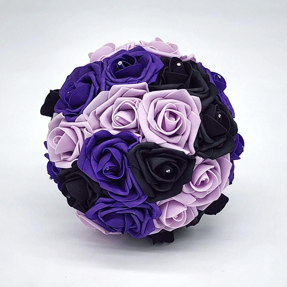 Modern Purple, lilac, and Black Bridal Bouquet with Matching Boutonnieres and Corsages