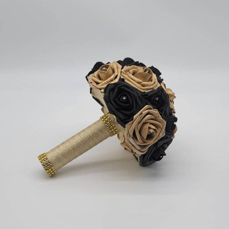 Black and Gold Wedding Bouquet Made With Real Touch Roses, Bridal Bouquet, Bridesmaid Bouquet and Matching Boutonnieres and Corsages