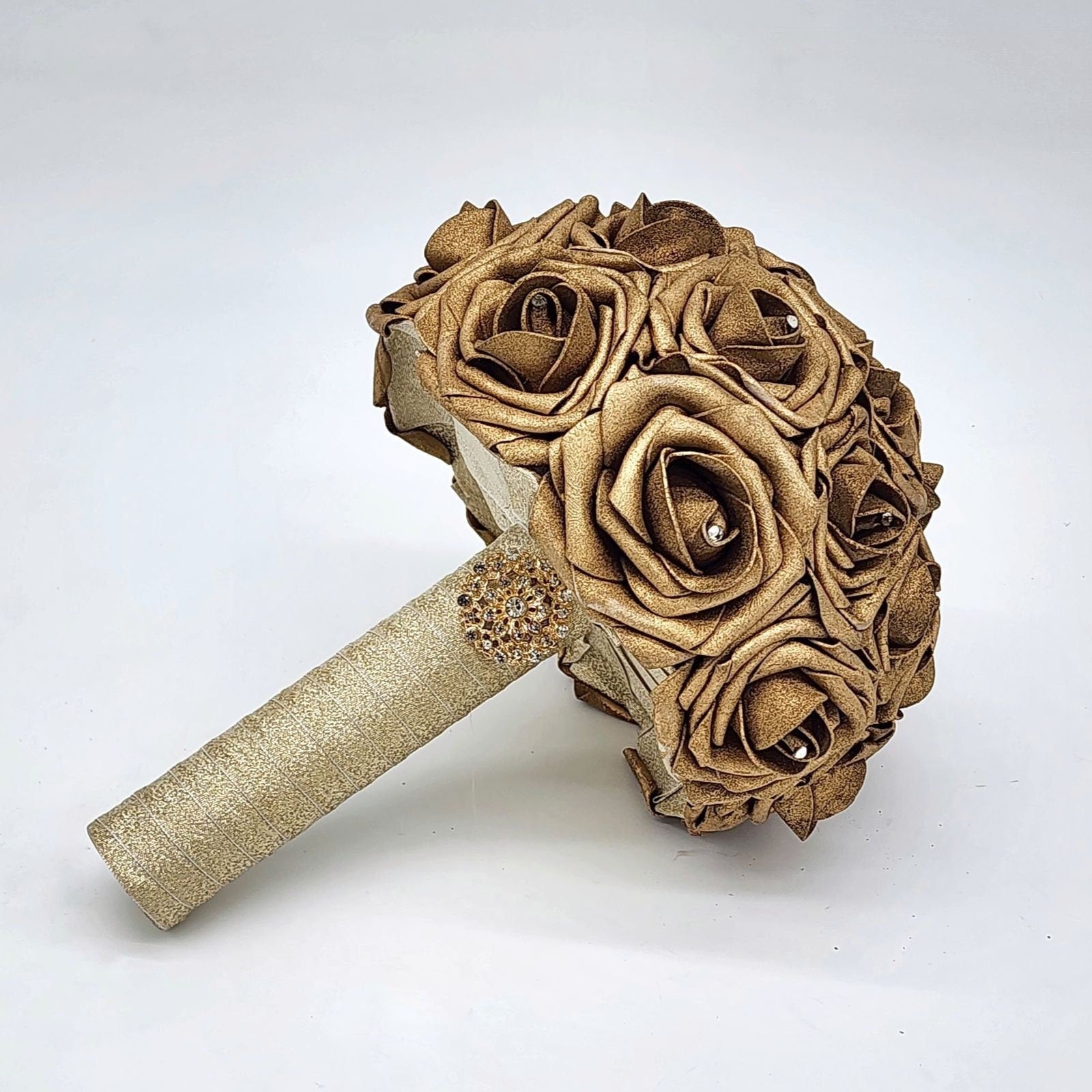 Gold Wedding Bouquet Made With Real Touch Roses, Bridal Bouquet, Bridesmaid Bouquet and Matching Boutonnieres and Corsages Available