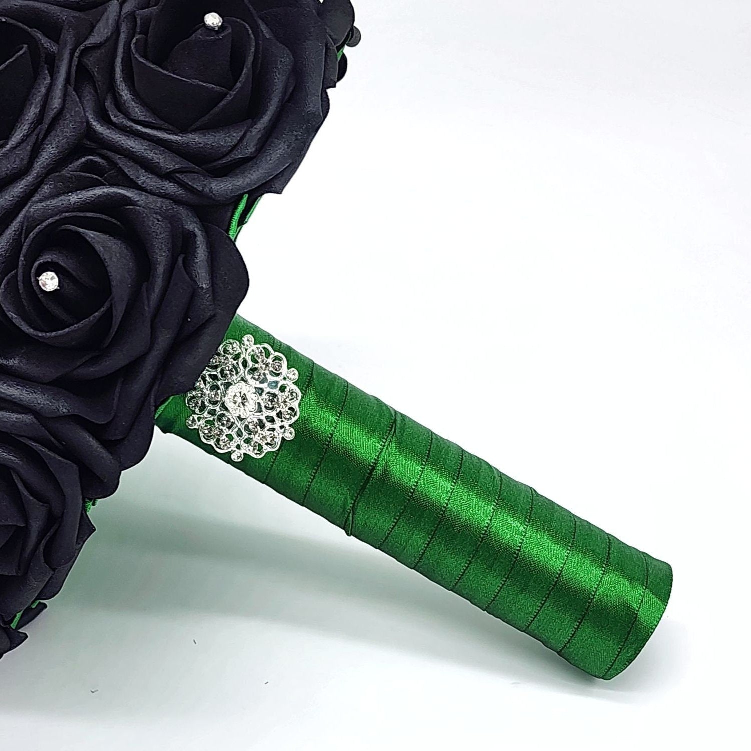 Black and Emerald Green Wedding Bouquet Made w/Real Touch Roses, Bridal Bouquet, Bridesmaid Bouquet and Matching Boutonnieres and Corsages