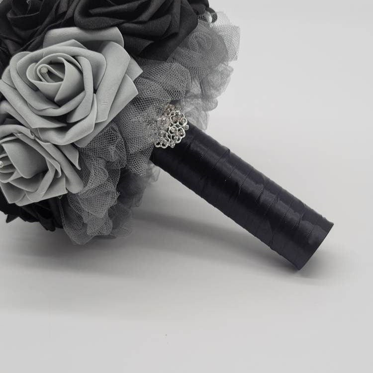 Black And Gray Wedding Bouquet Made With Real Touch Roses, Bridal Bouquet, Bridesmaid Bouquet and Matching Boutonnieres and Corsages