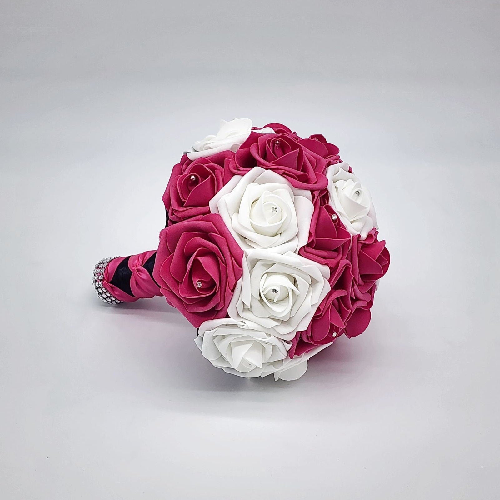 Hot Pink and White Wedding Bouquet Made With Real Touch Roses, Bridal Bouquet, Bridesmaid Bouquet and Matching Boutonnieres and Corsages