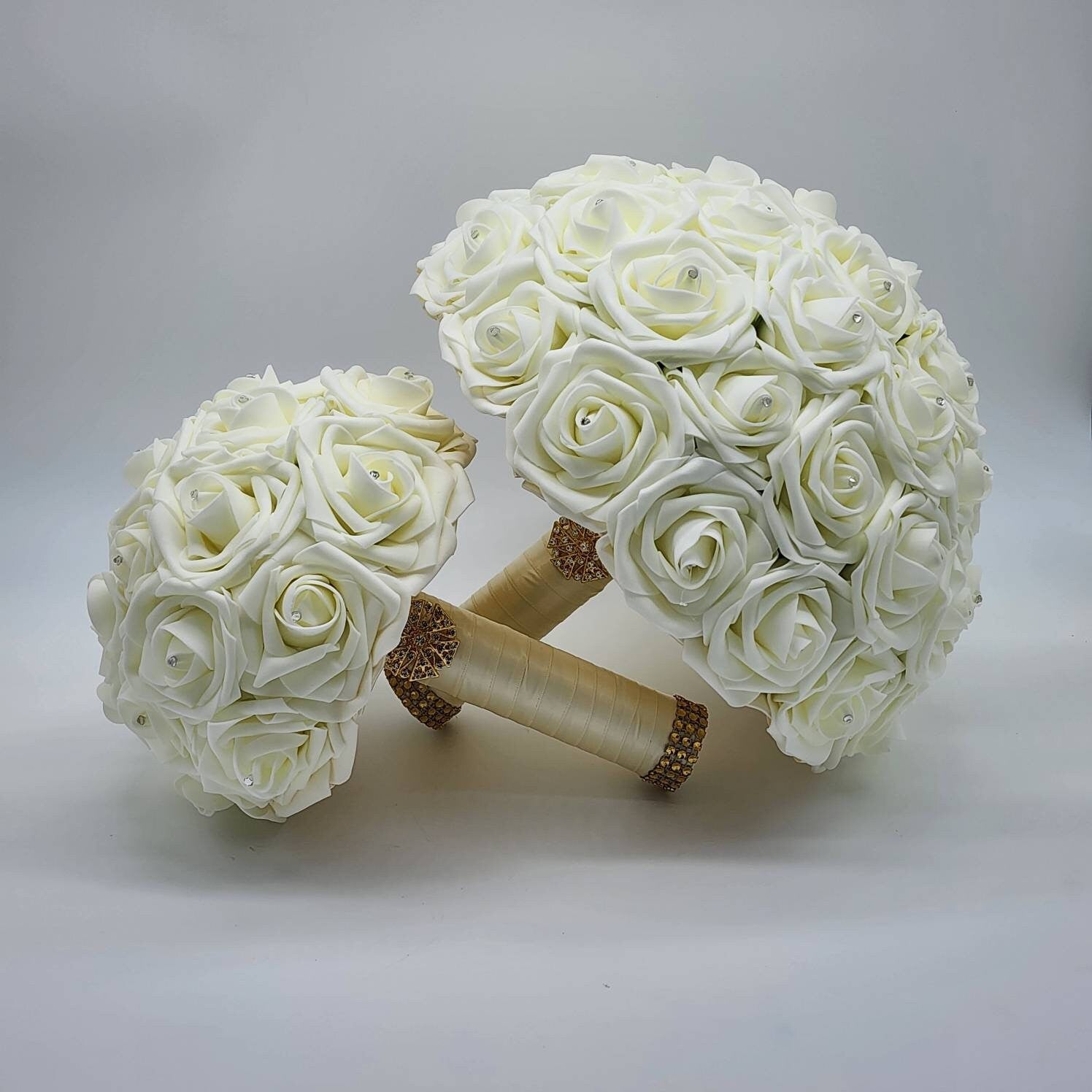 Ivory Wedding Bouquet Made With Real Touch Roses, Bridal Bouquet, Bridesmaid Bouquet and Matching Boutonnieres and Corsages Available