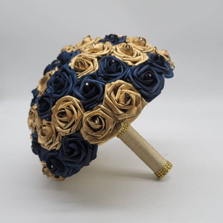 Gold and Navy Wedding Bouquet Made With Real Touch Roses, Bridal Bouquet, Bridesmaid Bouquet and Matching Boutonniere and Corsages Available