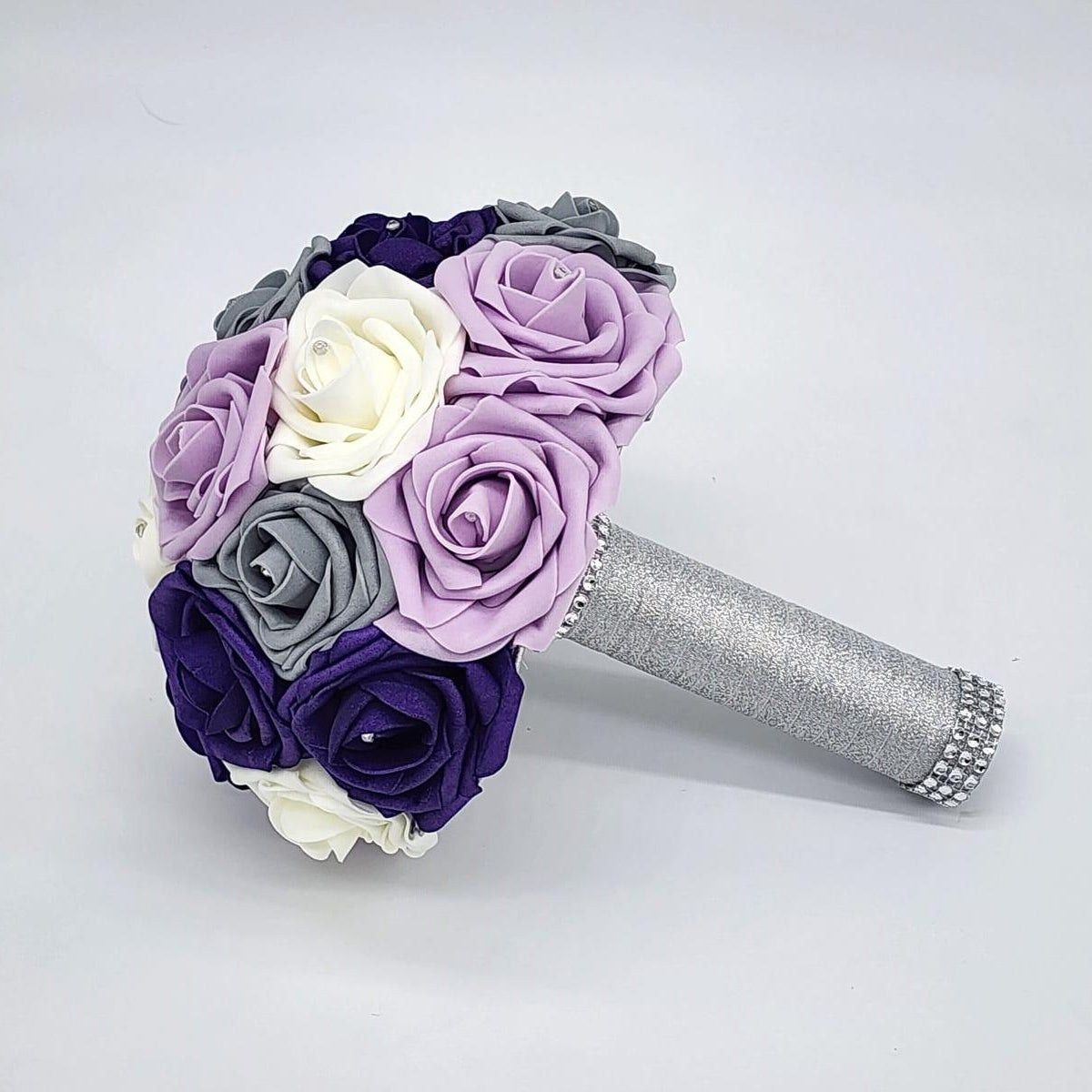 Purple, ivory, and Gray Winter Wedding Bridal Bouquet with Matching Boutonnieres and Corsages