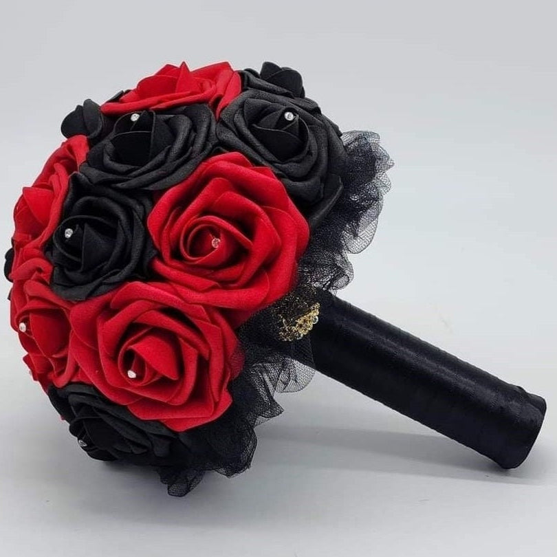 Red And Black Wedding Bouquet Made With Real Touch Roses, Bridal Bouquet, Bridesmaid Bouquet and Matching Boutonniere and Corsages Available