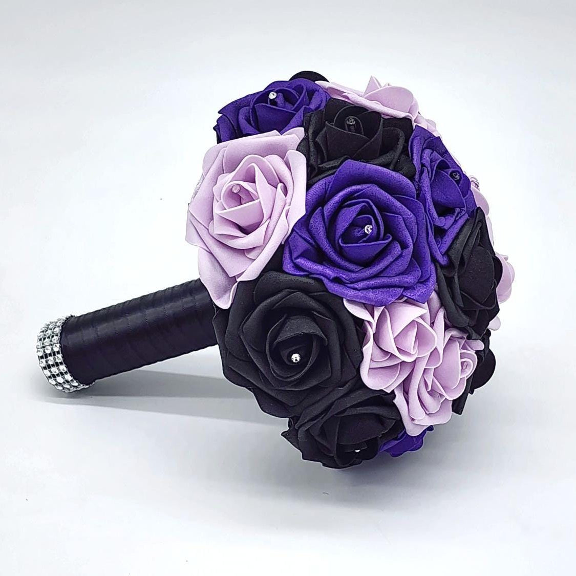 Modern Purple, lilac, and Black Bridal Bouquet with Matching Boutonnieres and Corsages