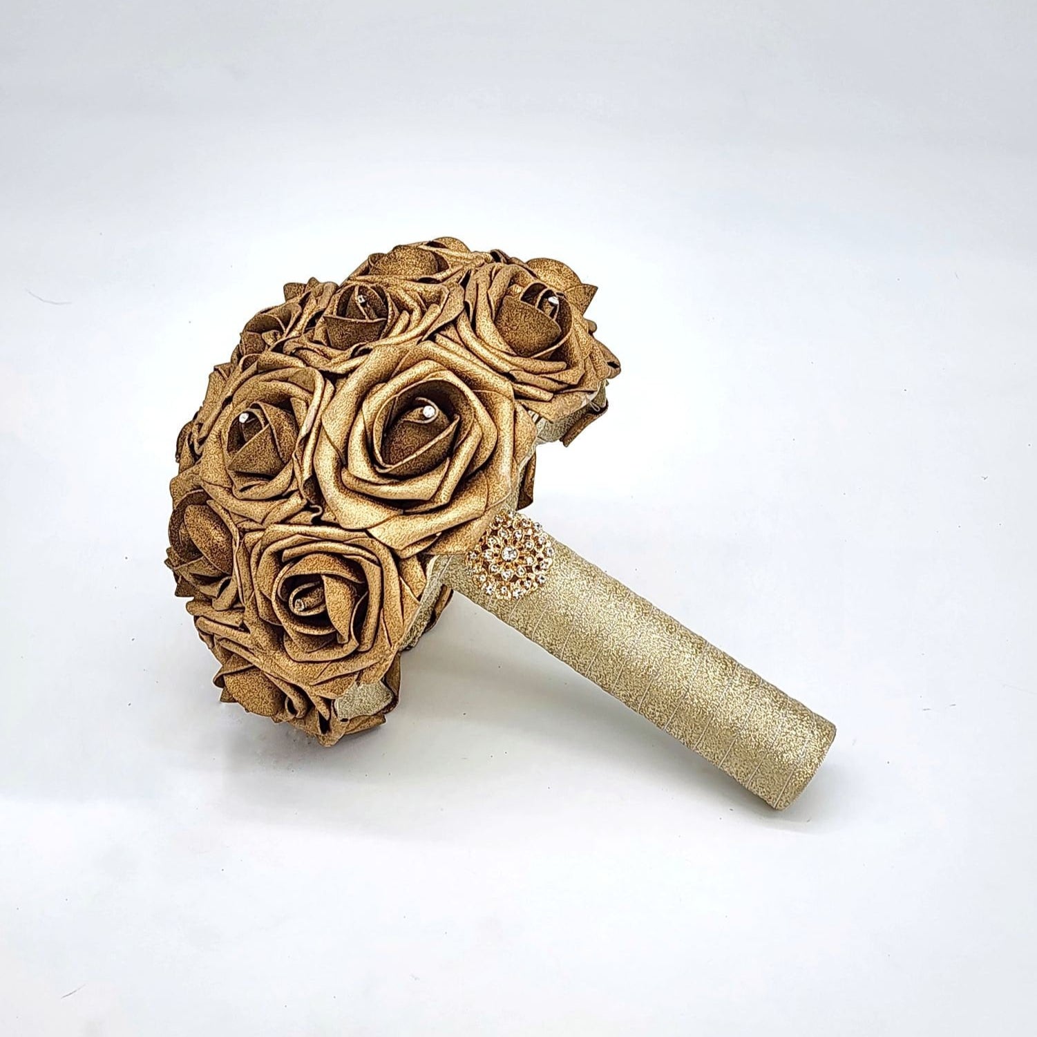 Gold Wedding Bouquet Made With Real Touch Roses, Bridal Bouquet, Bridesmaid Bouquet and Matching Boutonnieres and Corsages Available