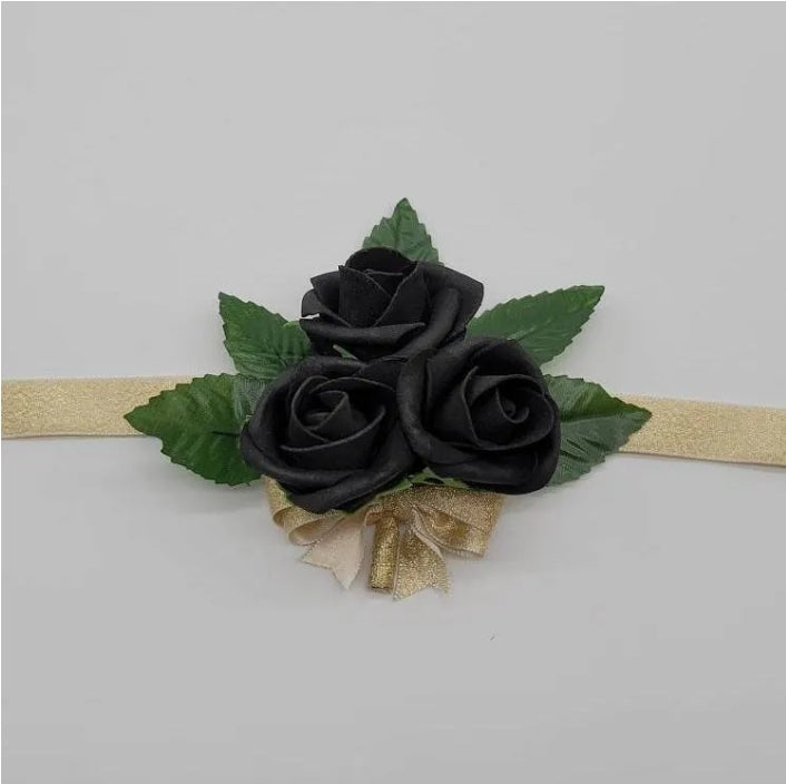 black and gold corsage with real touch roses