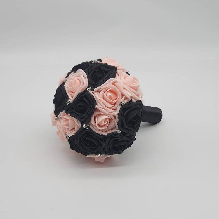 Gothic Black and Blush Skull Wedding Bouquet, Bridal Bouquet, Bridesmaid Bouquet, Matching Corsages and Boutonnieres, Halloween Wedding