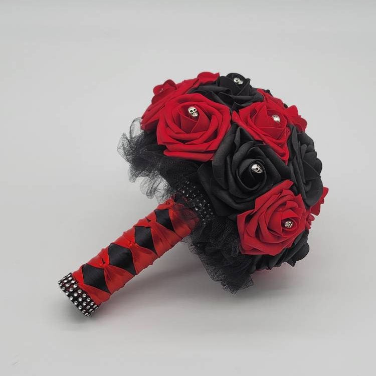 Gothic Skull Red Wedding Bouquet, Bridal Bouquet, Bridesmaid Bouquet, Matching Corsages and Boutonnieres, Halloween Wedding