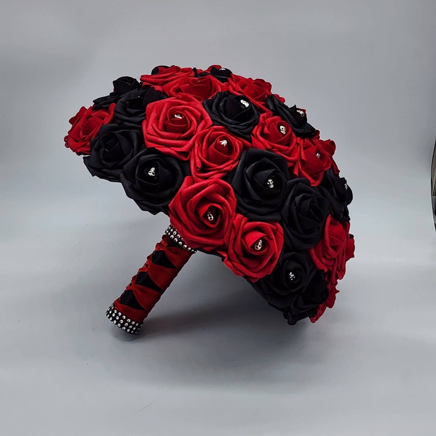 Gothic Skull Red and Black Weddng Bouquet, Bridal Bouquet, Bridesmaid Bouquet, Matching Corsages and Boutonnieres, Halloween Wedding