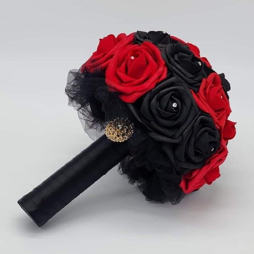 Red And Black Wedding Bouquet Made With Real Touch Roses, Bridal Bouquet, Bridesmaid Bouquet and Matching Boutonniere and Corsages Available