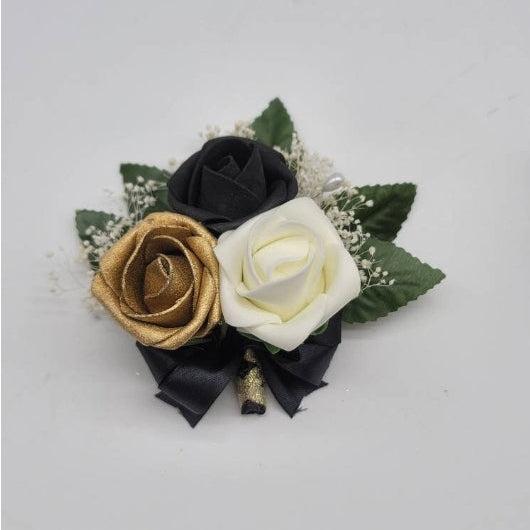 Black, Gold, and white corsage