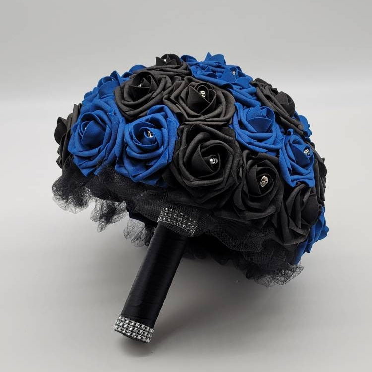 Gothic Skull Royal Blue And Black Wedding Bouquet, Bridal Bouquet, Bridesmaid Bouquet, Matching Corsages and Boutonnieres, Halloween Wedding
