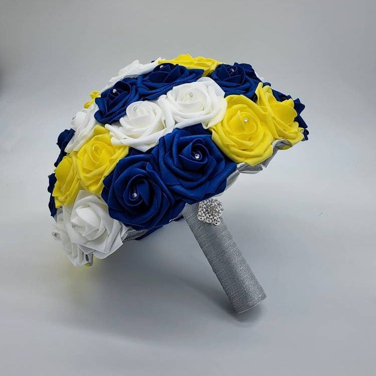Royal Blue, Yellow, & White Wedding Bouquet Made w/Real Touch Roses, Bridal Bouquet, Bridesmaid Bouquet/ Matching Boutonnieres and Corsages