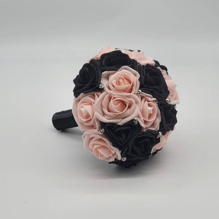 Gothic Black and Blush Skull Wedding Bouquet, Bridal Bouquet, Bridesmaid Bouquet, Matching Corsages and Boutonnieres, Halloween Wedding