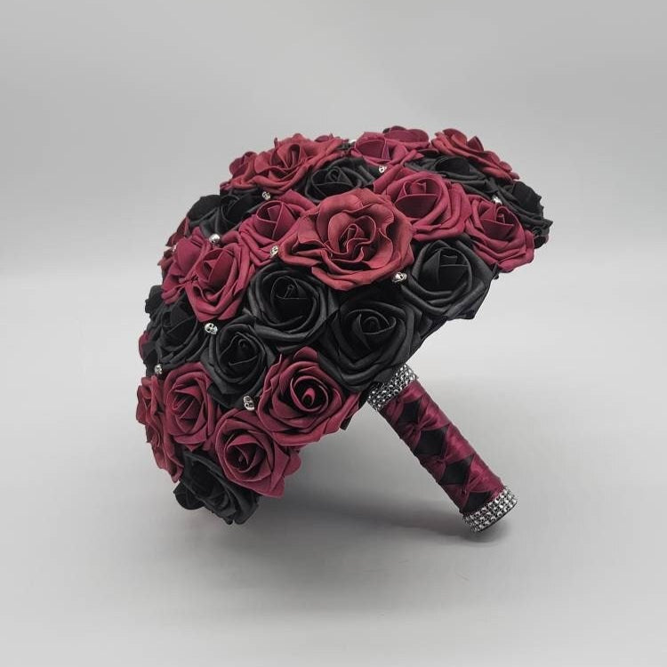 Gothic Skull Black And Burgundy Wedding Bouquet, Bridal Bouquet, Bridesmaid Bouquet, Matching Boutonnieres and Corsages, Halloween Wedding