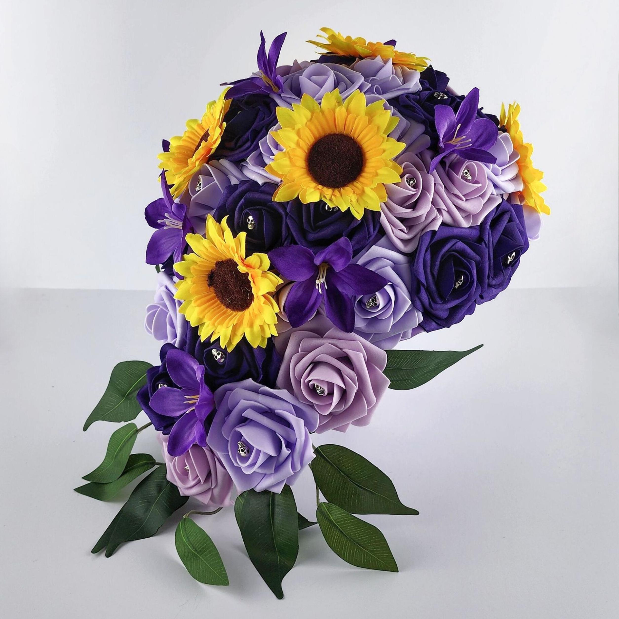 Gothic Skull Cascading Wedding Bouquet With Lilac, Lavender, and Dark Purple Roses, Lilies and Sunflowers.