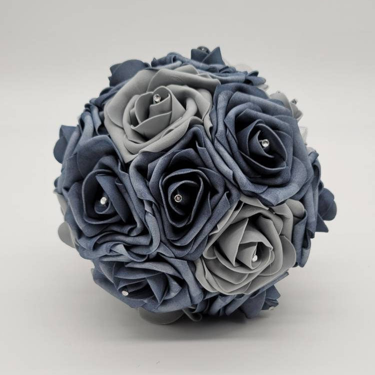 Dusty Blue And Grey Bridal Bouquet Made With Real Touch Roses, Wedding Bouquet, Bridesmaid Bouquet- Matching Boutonnieres and Corsages