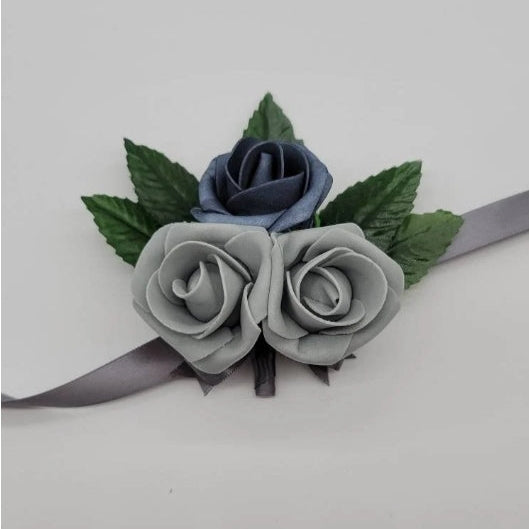dusty blue and gray wrist corsage