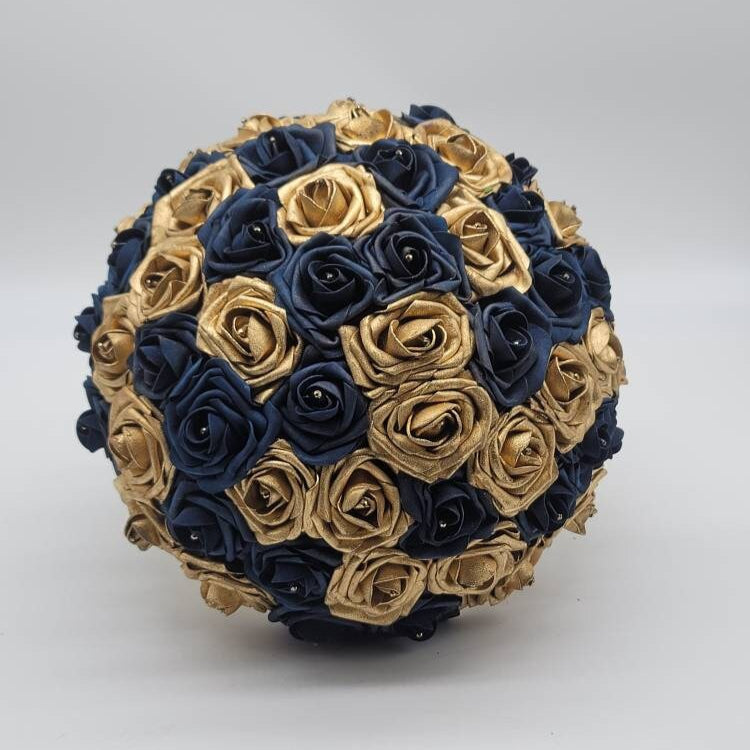 Gold and Navy Wedding Bouquet Made With Real Touch Roses, Bridal Bouquet, Bridesmaid Bouquet and Matching Boutonniere and Corsages Available